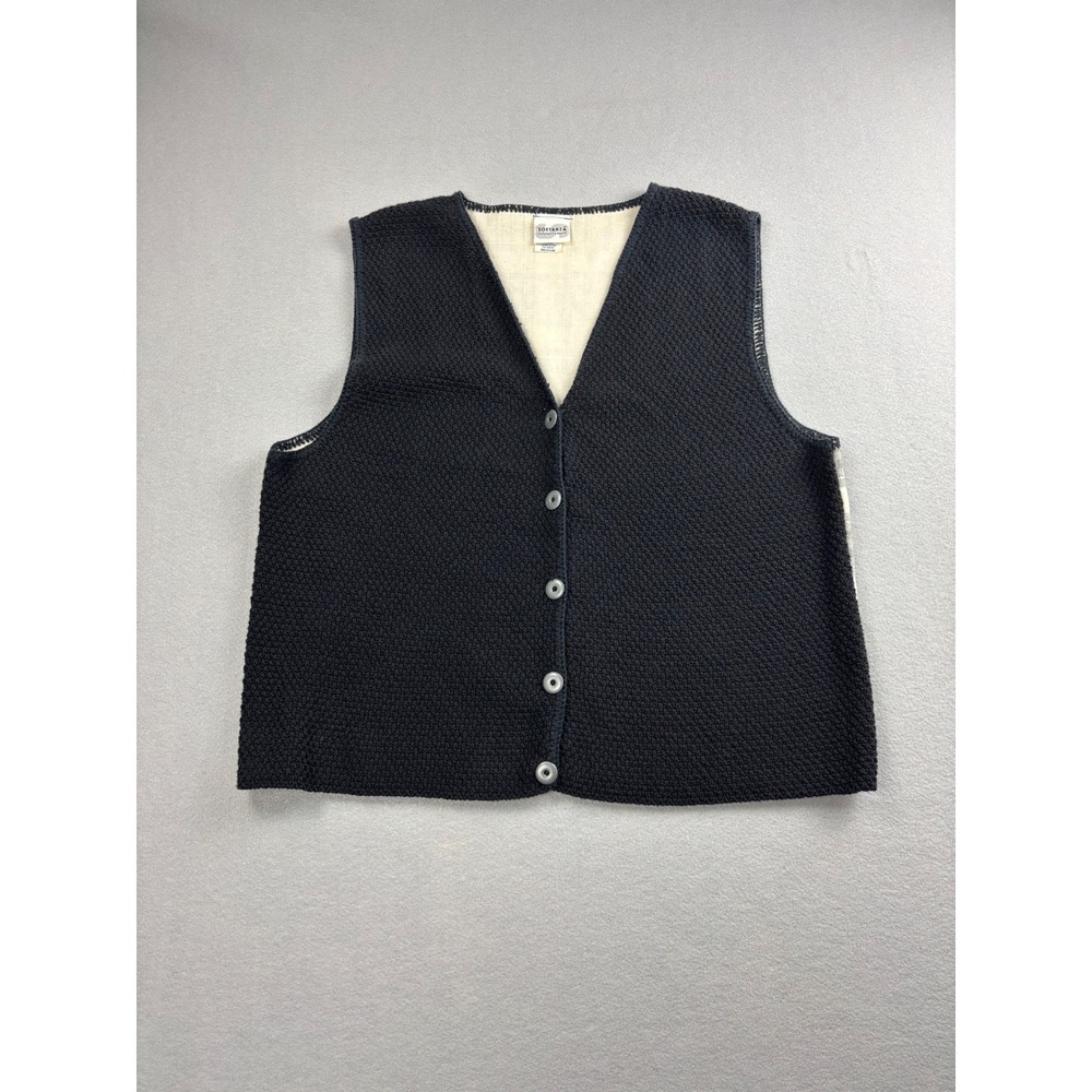 Vintage Sostanza Womens Medium Black Sweater Vest Plaid Back Crochet Trim 90s